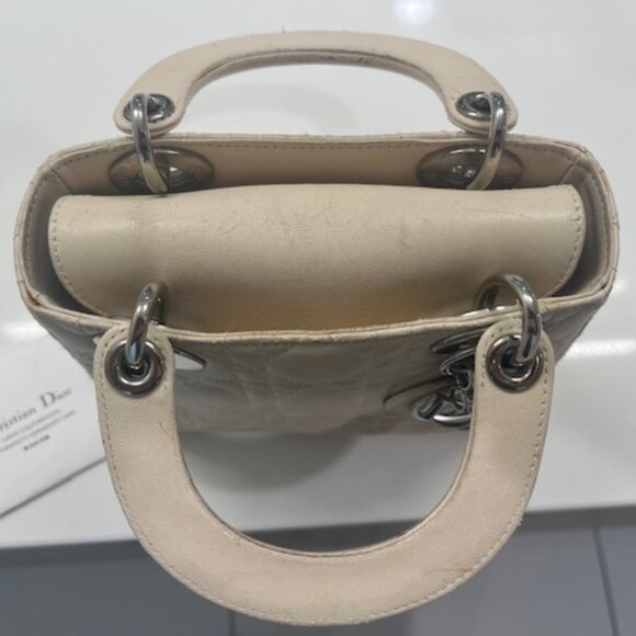 Auth SMALL LADY DIOR Cannage Quilted Leather Bag in LATTE Cream, Silver Hardware - Picture 11 of 15
